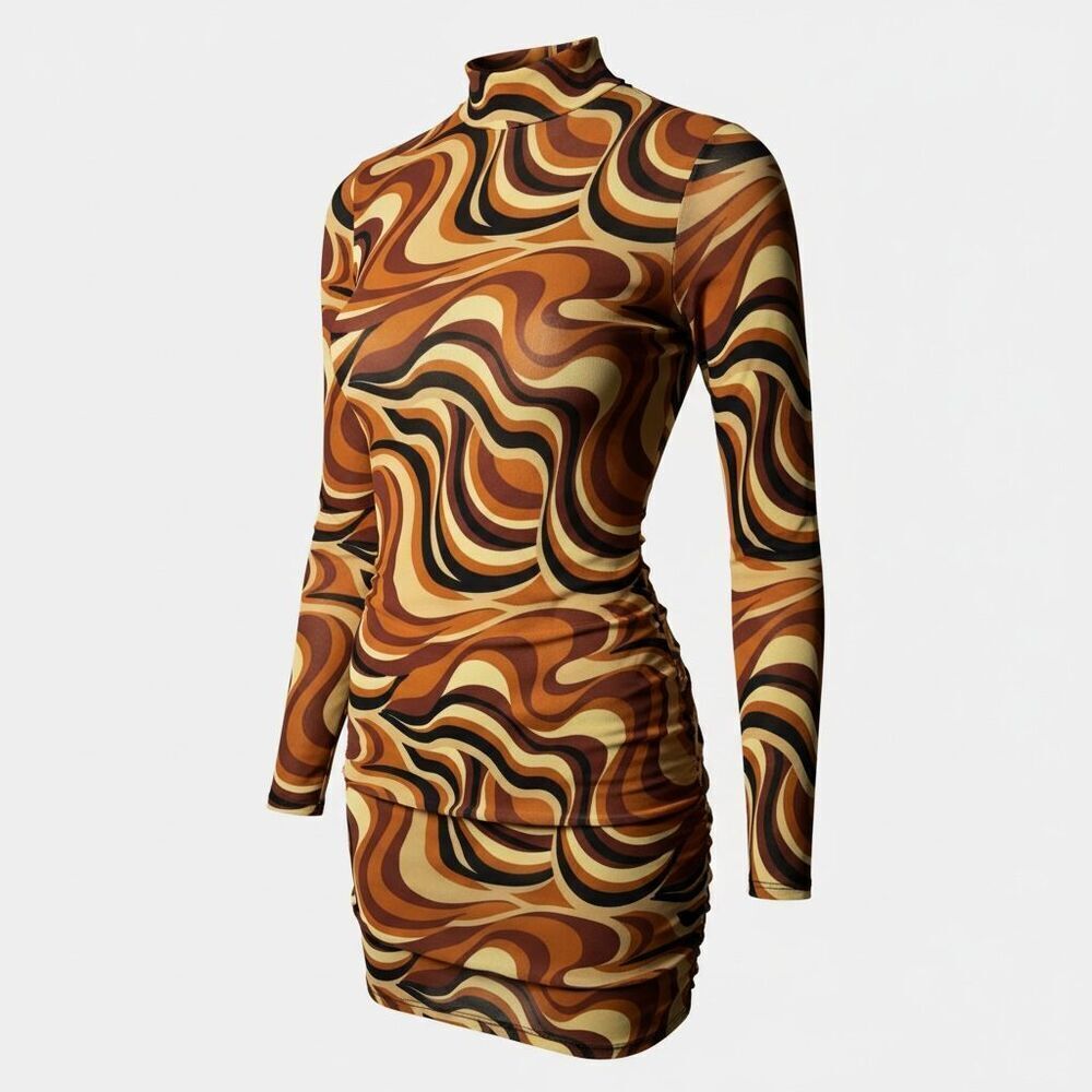 Altar'd State Retro LS Mini Dress Brown Orange Swirl Ruched Side Medium NWT